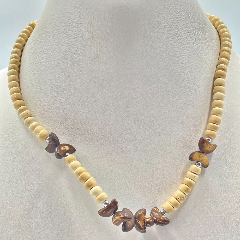 Vintage Y2K Boho Cream Wood Bead & Brown Seed Pod Statement Necklace 80s